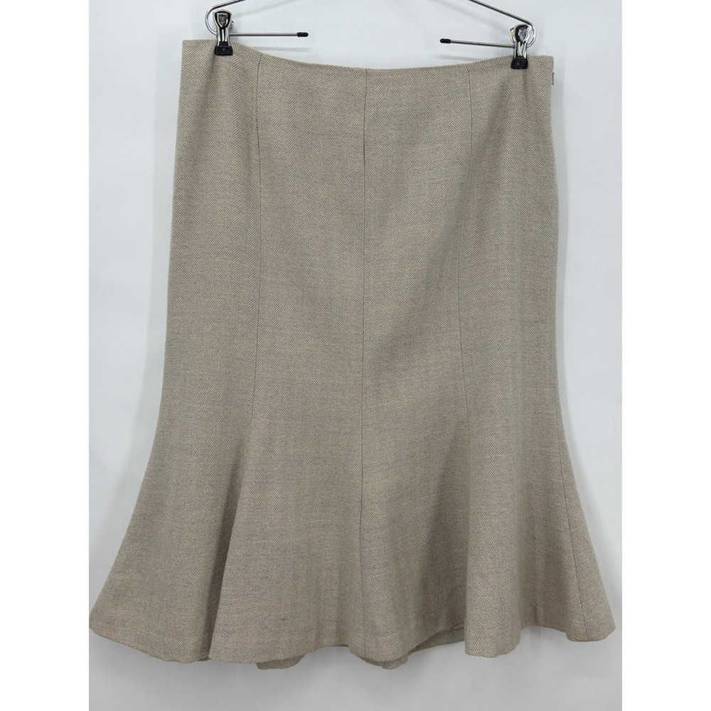 Lauren Ralph Lauren Beige Herringbone Wool Trumpet Skirt Size 14 Flared Midi